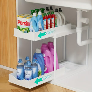 Organizadores de dos niveles y soluciones de almacenamiento para debajo del fregadero, con estantes extraíbles, ideal para uso en la cocina, con un diseño deslizante escalonado, perfecto para lavanderías y para maximizar el espacio, almacenamiento práctico, diseño elegante y construcción resistente.