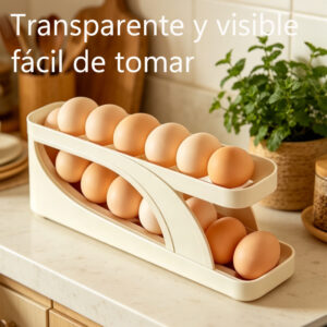 Un soporte deslizante automático para huevos, caja de almacenamiento de huevos para cocina y mesa que evita que se caigan: hecho de plástico duradero, superficie lisa y brillante, ahorra espacio en el frigorífico, artículo decorativo para cocina moderna