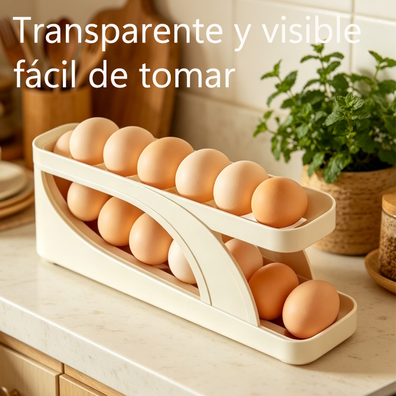 Un soporte deslizante automático para huevos, caja de almacenamiento de huevos para cocina y mesa que evita que se caigan: hecho de plástico duradero, superficie lisa y brillante, ahorra espacio en el frigorífico, artículo decorativo para cocina moderna